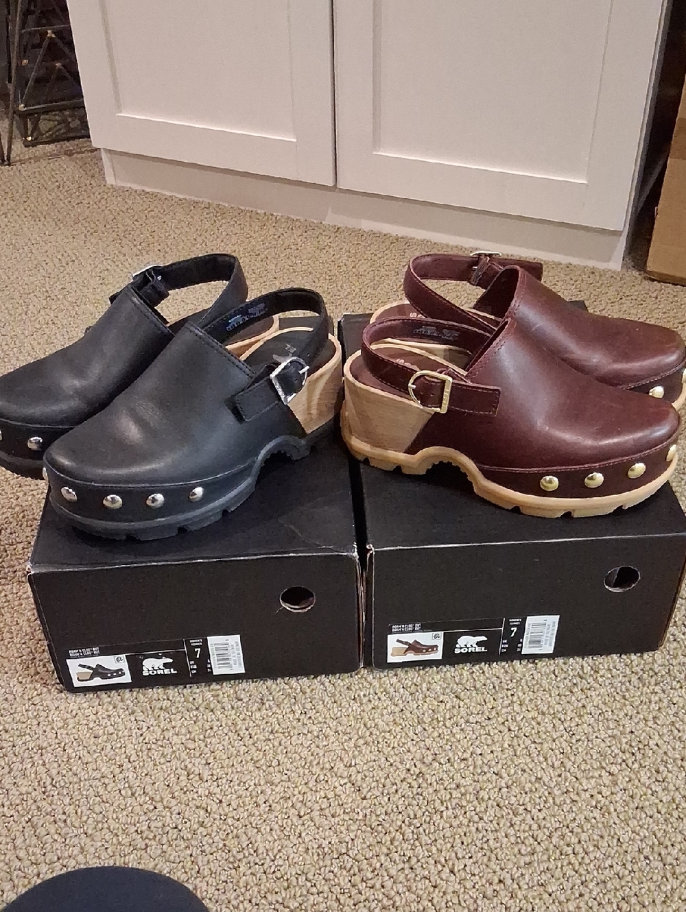 2 Pairs Sorel Roam N Slingback Clogs in Black and Burgundy